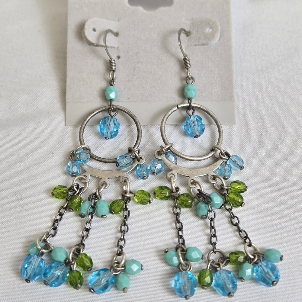 Chandelier Beaded‎ Earrings, Silver Tone Blue Green
